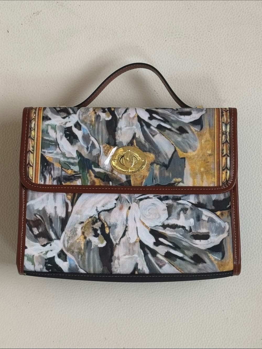 Floral Print Top-Handle Satchel in Brown Trim